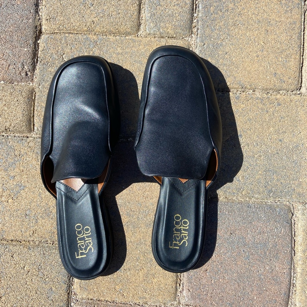 Franco Sarto, Slip On Mule, Flat, Chunky, Black Leather, Open Back, Square Toe,